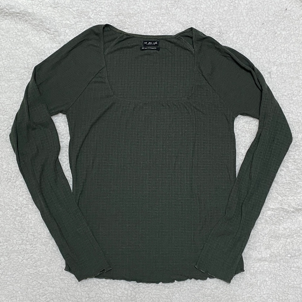 Urban Outfitters Green Square Neck Ribbed Lettuce Edge Long Sleeve Tee